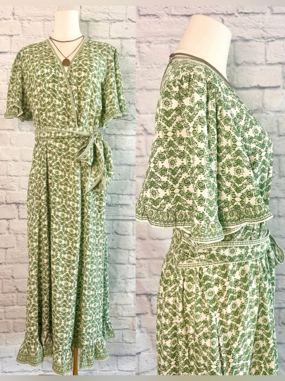Max Studio NWT Maxi Dress Wrap Floral Green White Fall Cottagecore Feminine